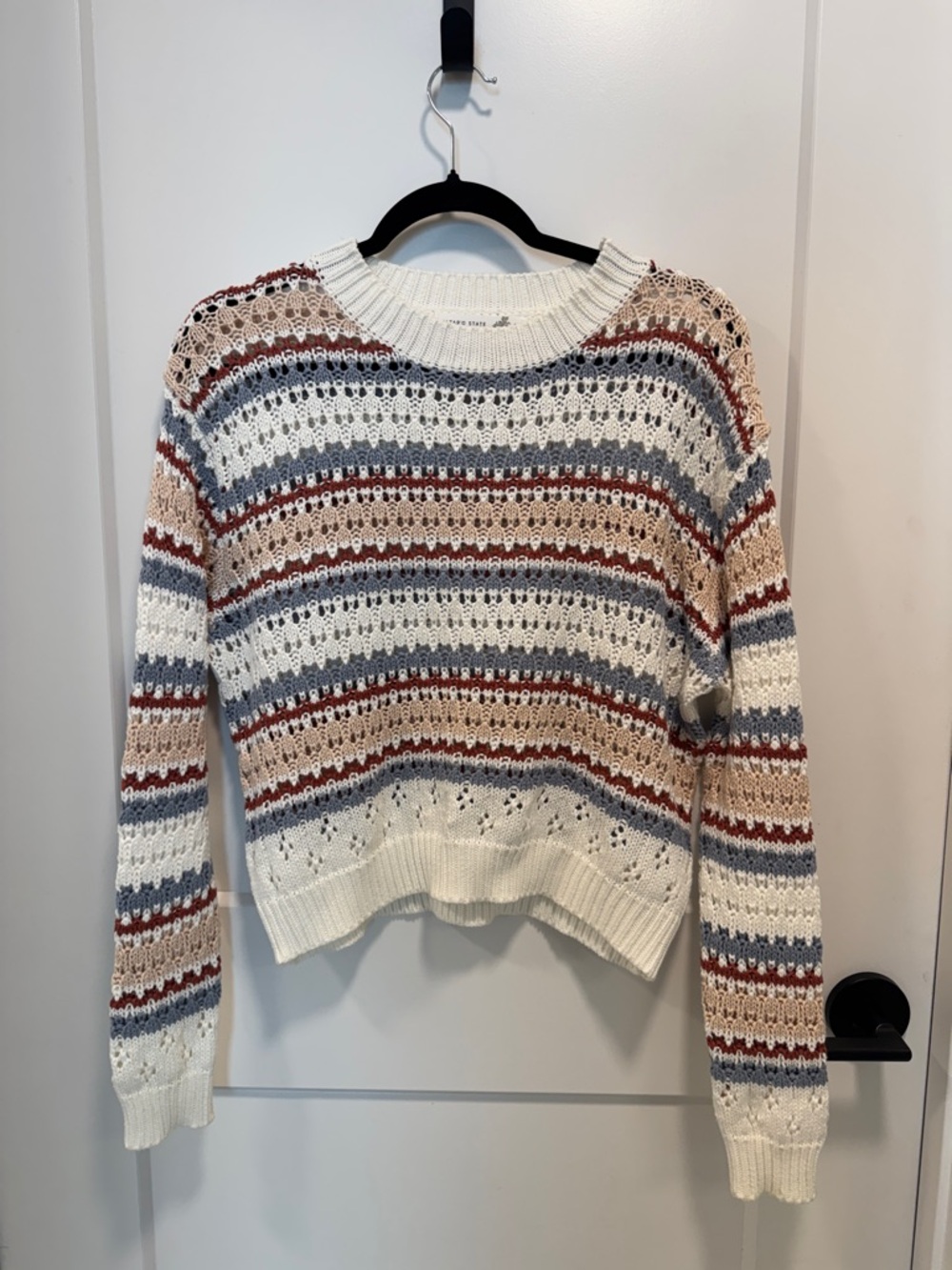 Altar'd State White Open-Knit Striped Crewneck Sweater - Picture 1 of 4